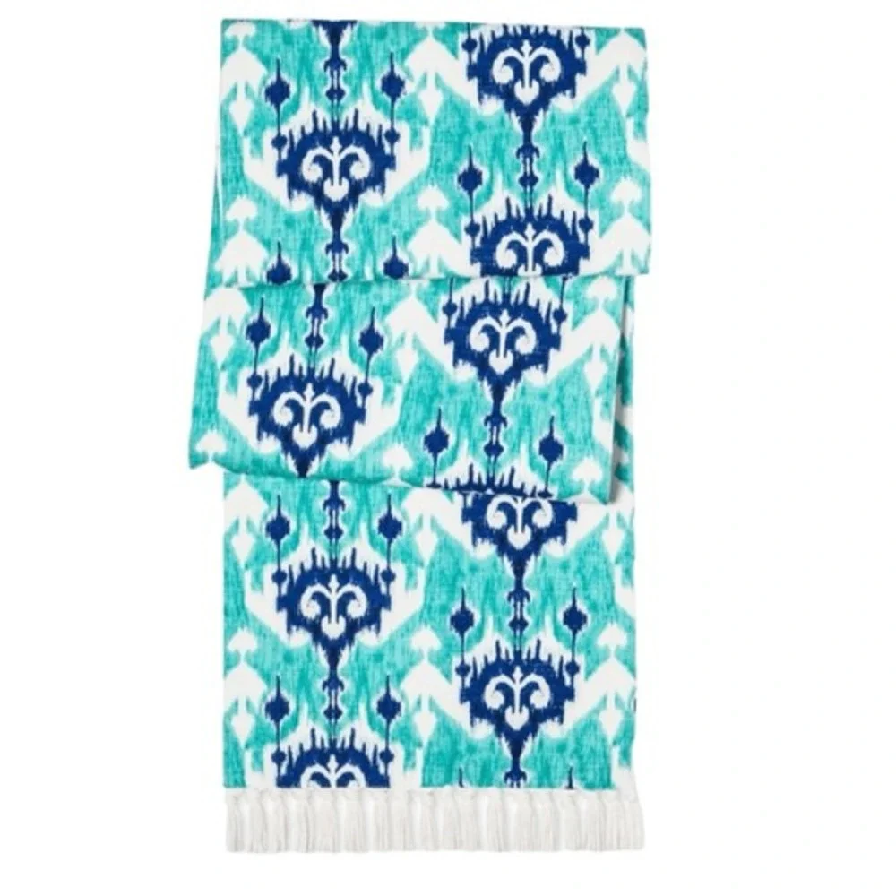 100% Cotton Ikat Table Runner Home 63x13 Turquoise Blue Good Tassel Fringe Boho